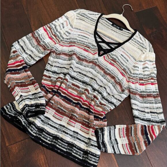 Nic+Zoe Stripe Long Sleeve V Neck Crossover Strap Red Hills Sweater Size XL - Picture 1 of 10